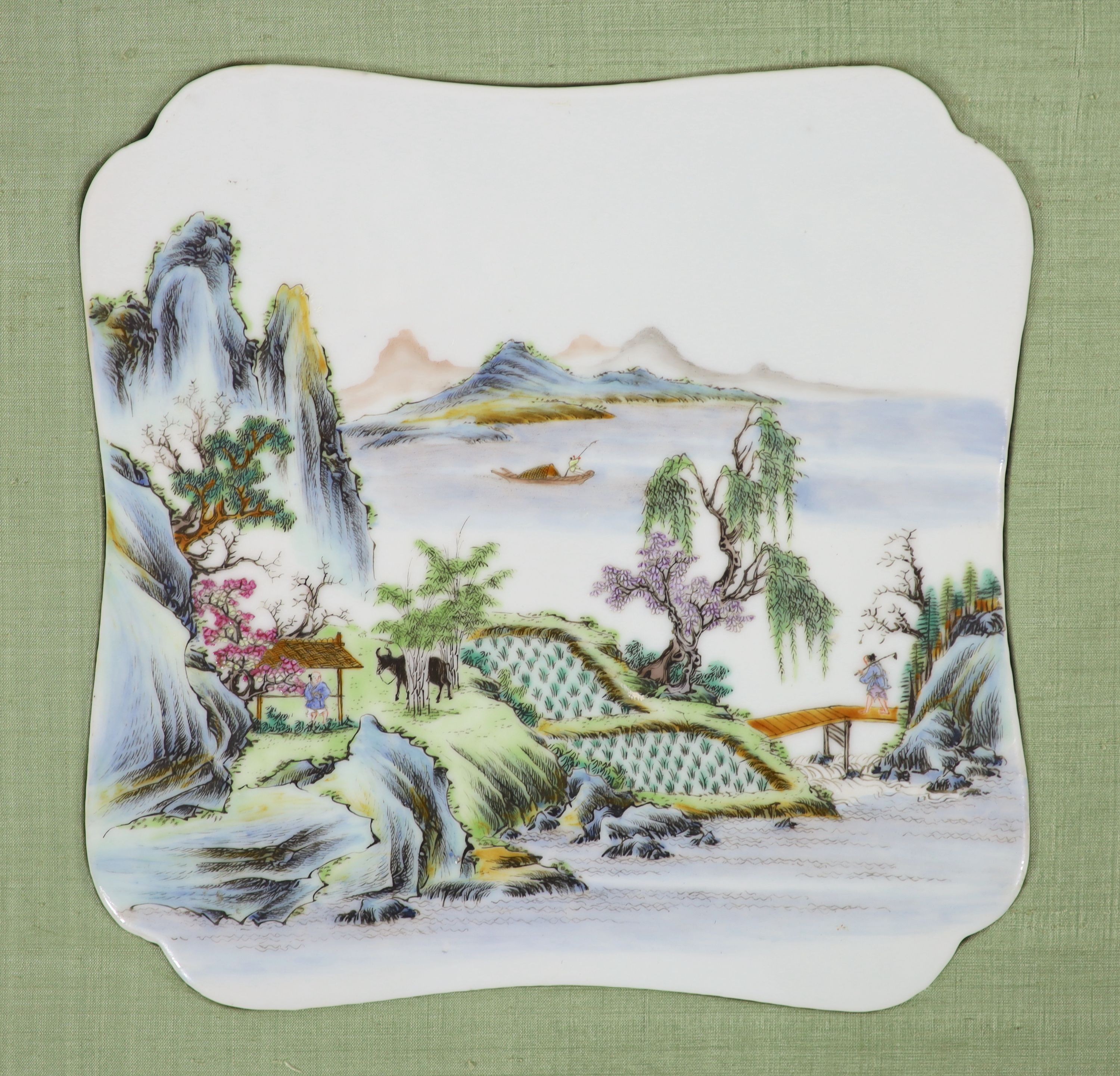 A set of three Chinese famille rose shaped square plaques and another similar plaque, 19th century, 20.5cm to 21cm wide, later mounted and framed (4)